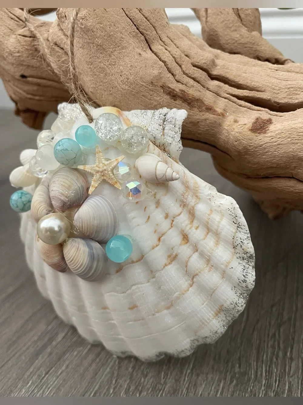 Seashell Ornament Handmade 4.5-5” Beaded Glitter Flower Aquamarine Christmas